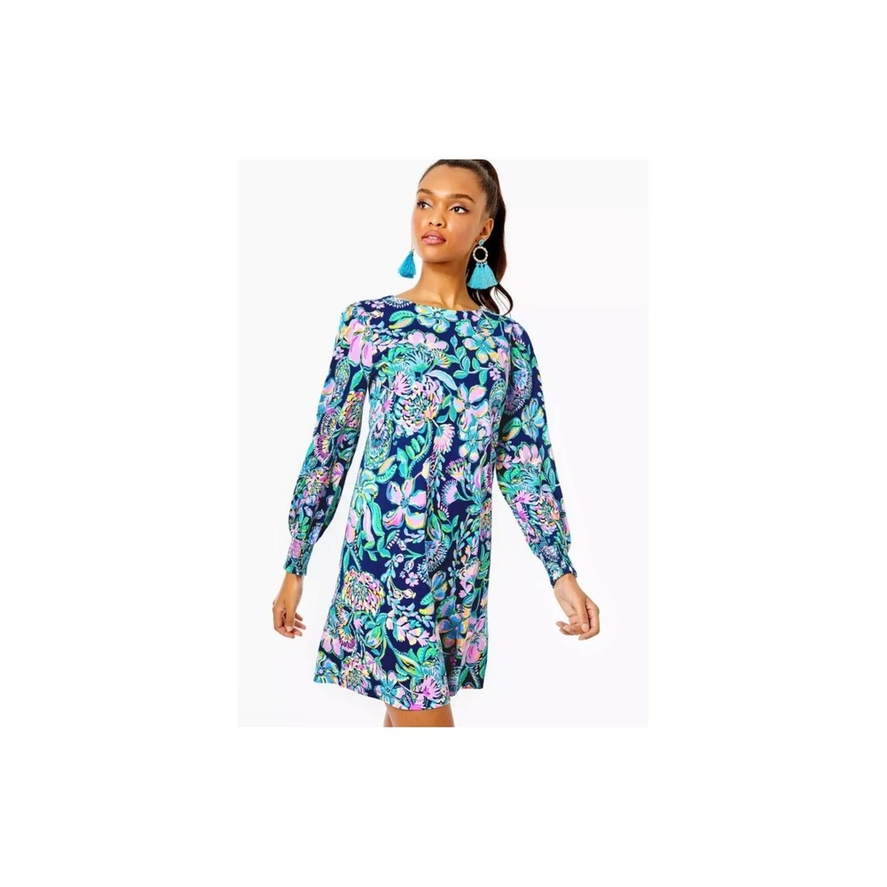 Lilly Pulitzer Diann Long Sleeve Smocked Cuff Dress Navy Floral Paisley Size XS